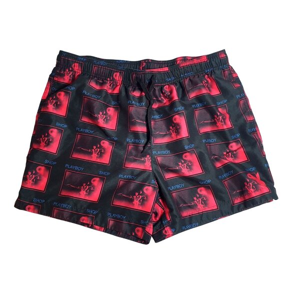 Playboy Shop By PacSun Mens Red Black Swim Shorts L Waist 34 Inch Logo Party - Picture 1 of 7